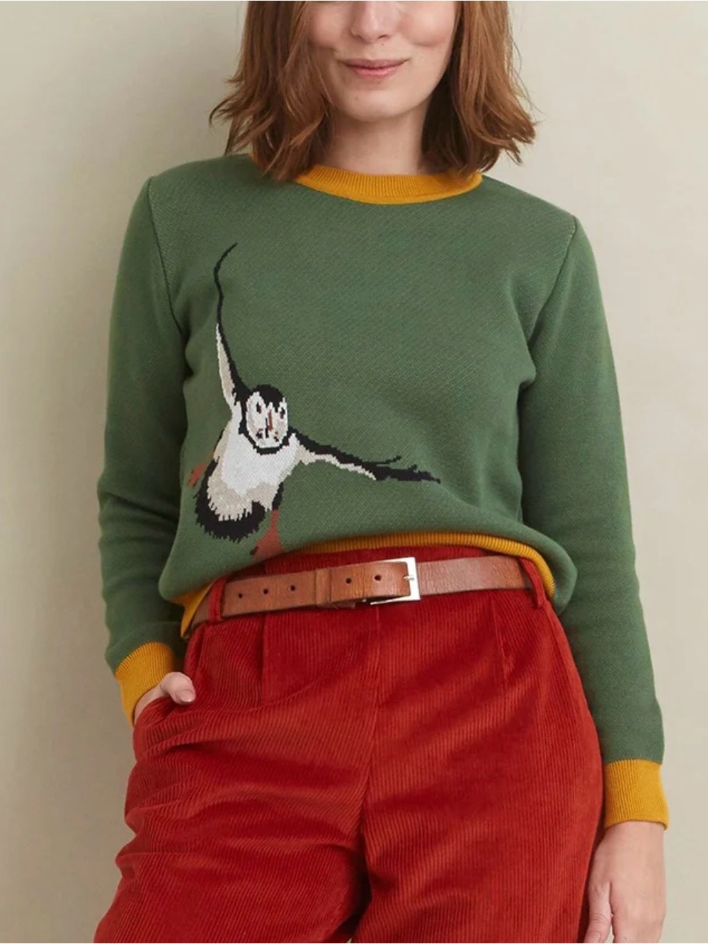 Palava - Green Puffin Intarsia Crewneck Sweater with Mustard Trim